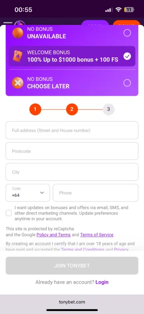 tonybet casino registration