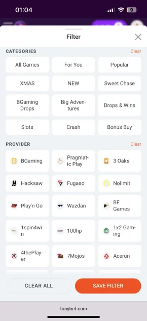 Tonybet Casino games