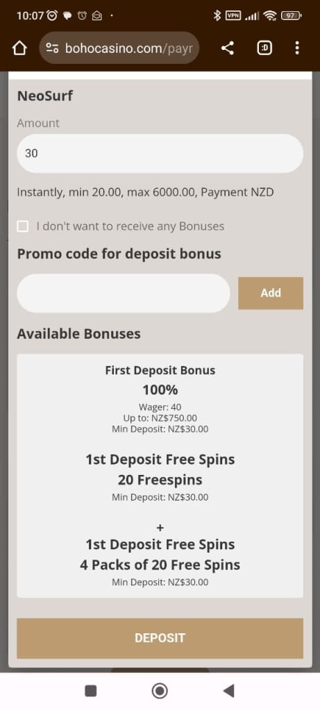 Boho deposit bonuses