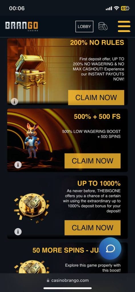Casino Brango bonus options