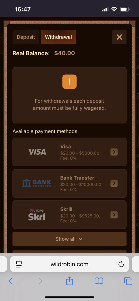 Wild Robin Casino Withdrawal