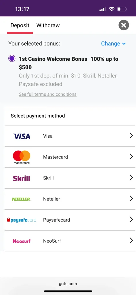 guts casino deposit