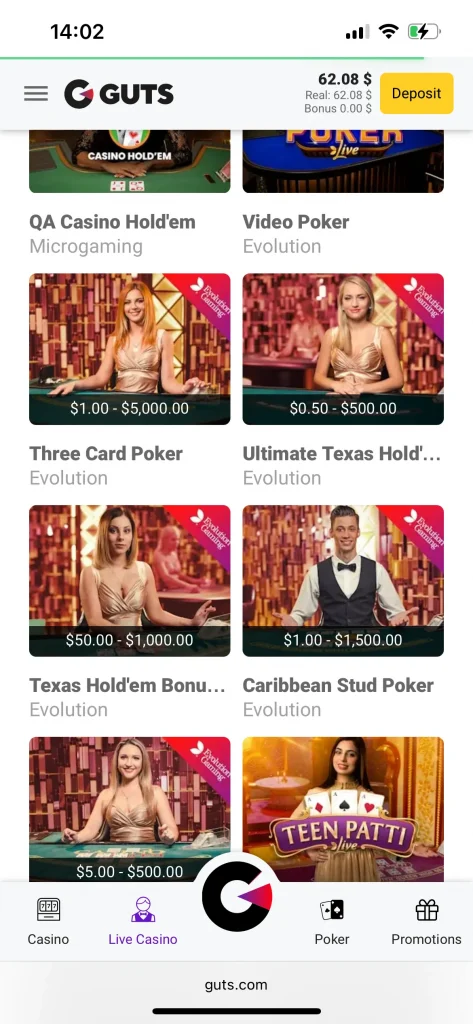 guts casino live game