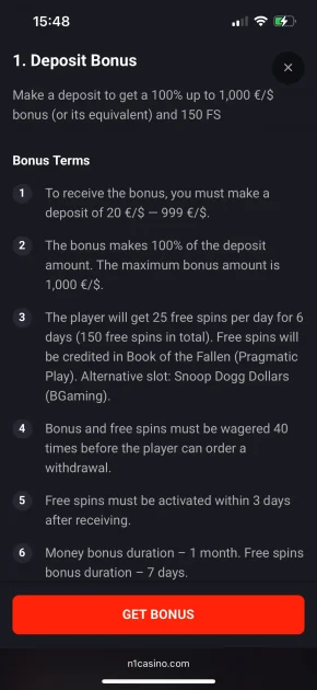 N1 Casino bonus