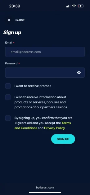 BetBeast Casino sing up
